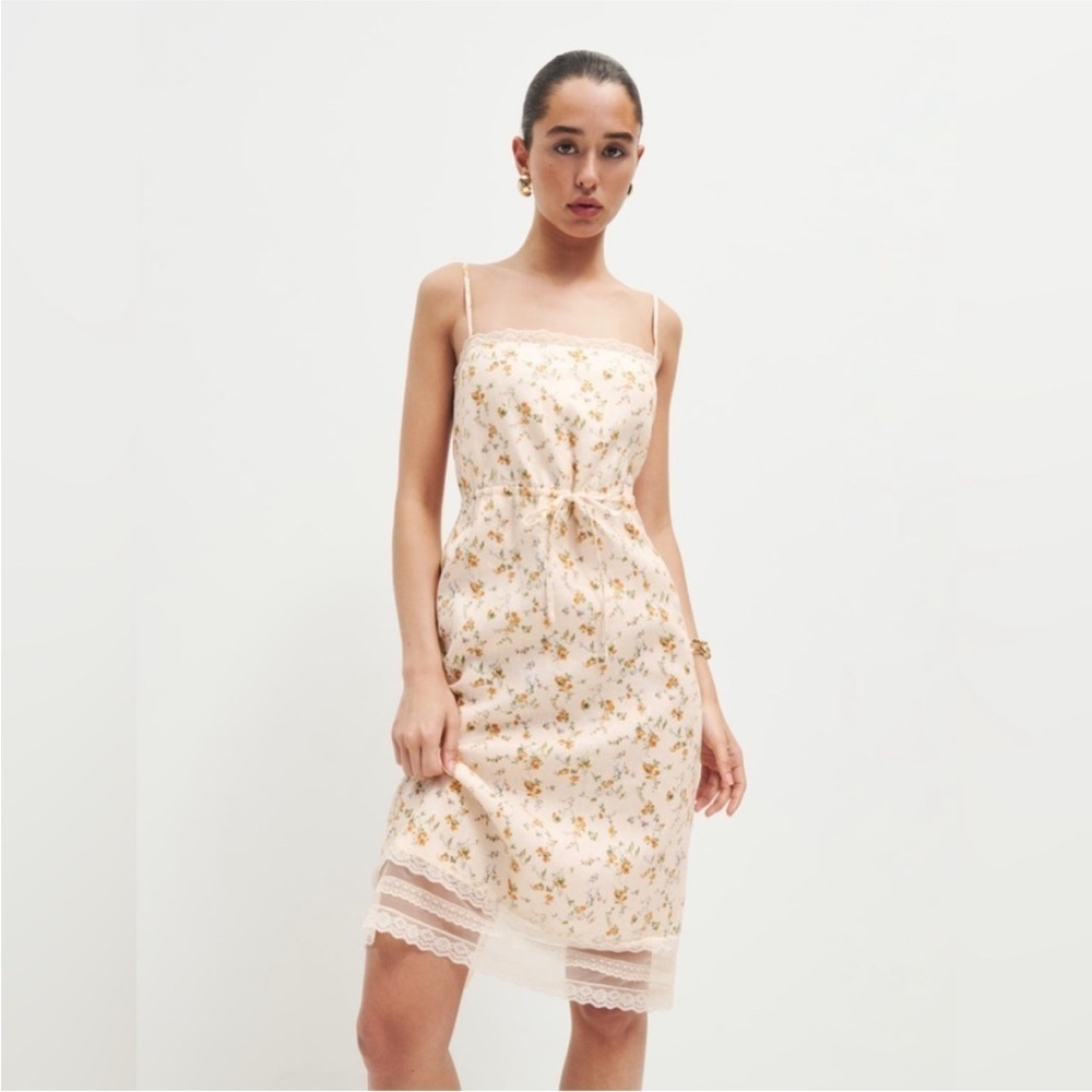 NWOT Reformation Julius Neena Linen Dress Butter Yellow Floral Size 2 Midi